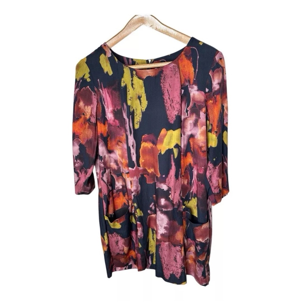 Thought London Lyocell Shift Dress Size 16 Pockets 3/4 Sleeve Abstract Print New
